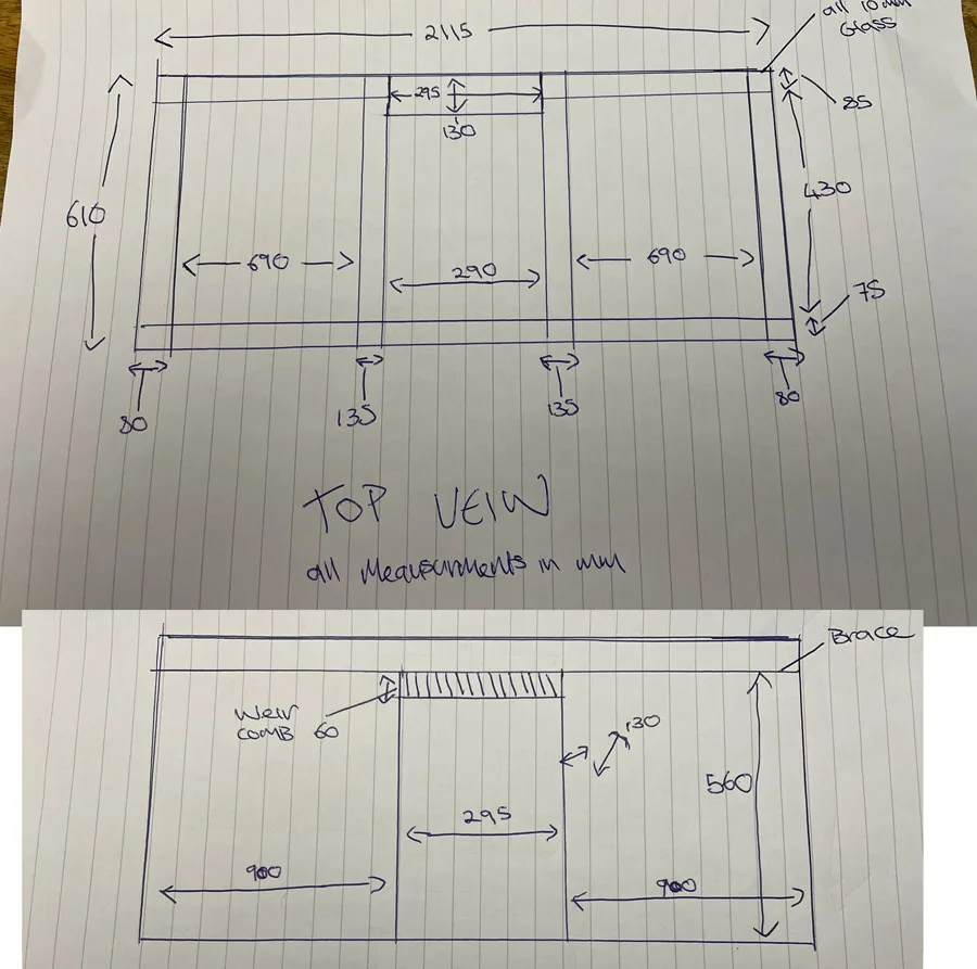 Hand-drawn diagram showing aquarium weir measurements including width, height, and overflow dimensions
